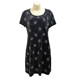 Vintage 90's Black Velvet Dress, Silver Sparkly Flowers, Shift or Bodycon L-XL